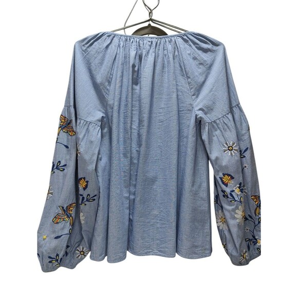 Crown & Ivy Embroidered Boho Peasant Blouse Blue Floral Butterfly Tassel Women’s - Picture 4 of 9